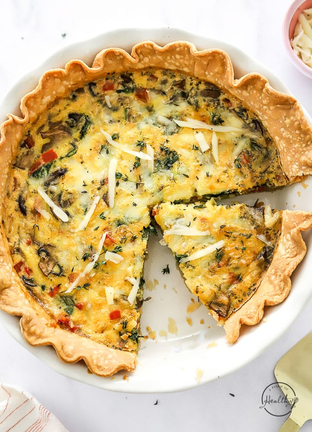 BEST Vegetarian Quiche, sliced in a pie dish