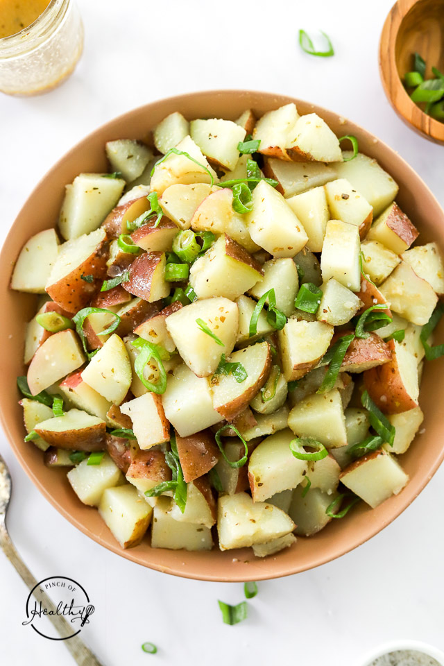 Greek Potato Salad in large serving bowl