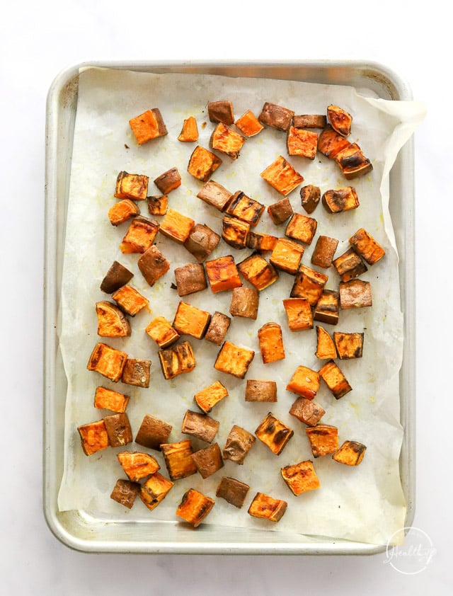 roasted sweet potatoes on a baking sheet