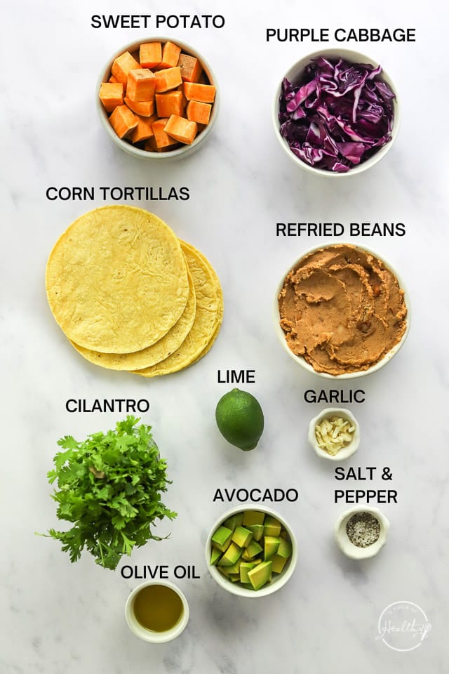 Ingredients with label text on white surface