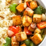 Styled sweet and sour tofu in a bowl with rice 5-2