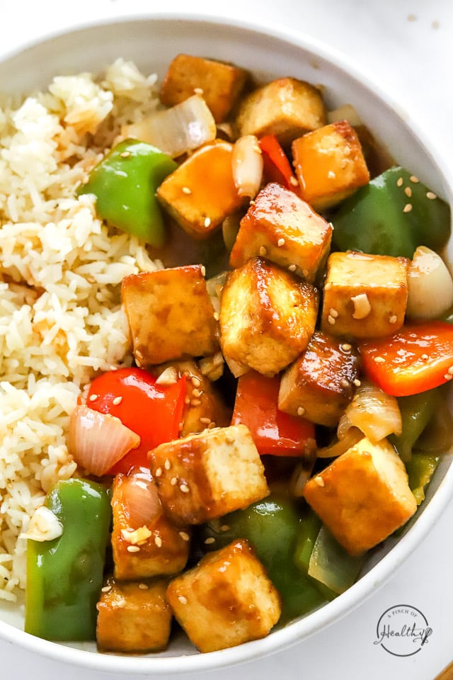 Styled sweet and sour tofu in a bowl with rice 5-2