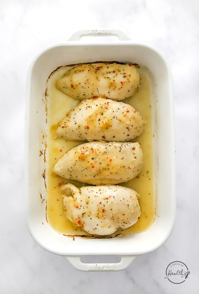 Italian dressing chicken in a baking dish