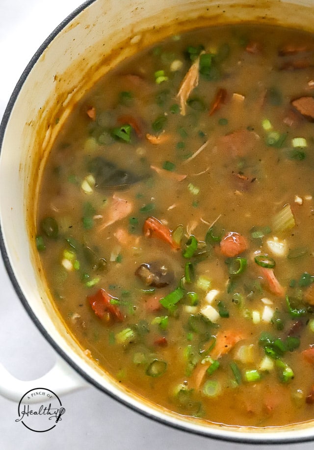 chicken and sausage gumbo in a pot closeup
