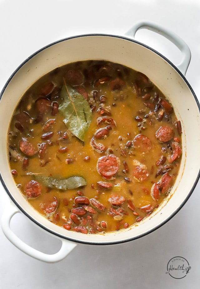 finished red beans and sausage in a pot