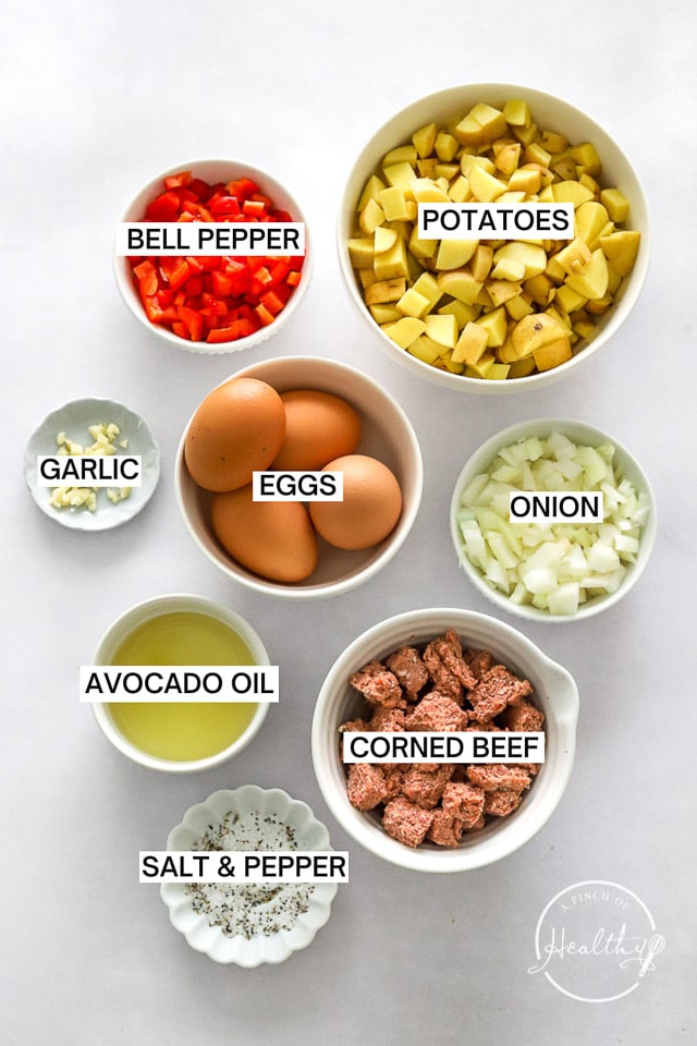 Ingredients with label text on white surface