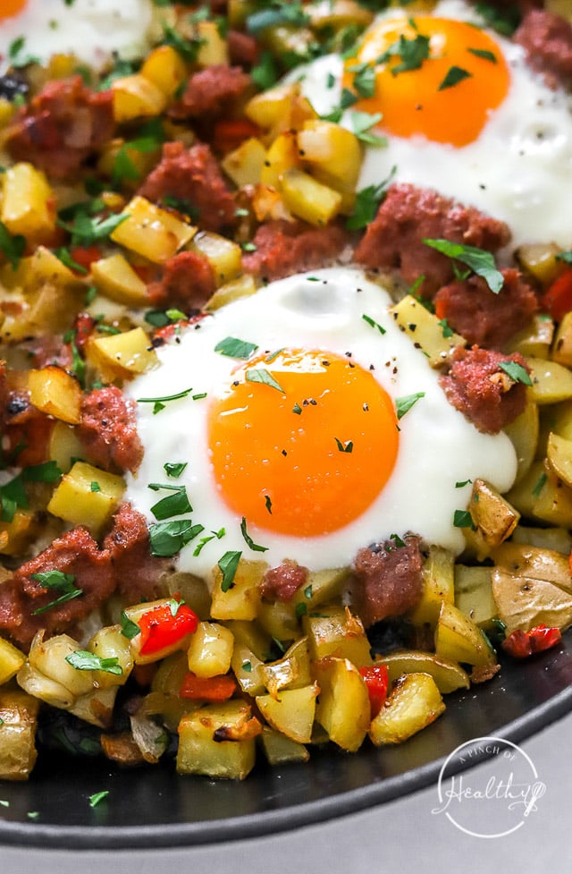 Corned Beef Hash with eggs closeup