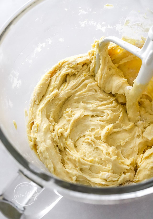 raw cookie dough in a stand mixer