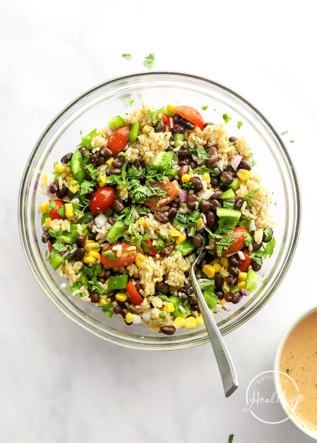 vegetable and rice filling in a mixing bowl