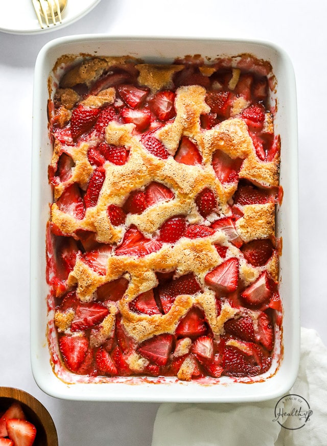 Strawberry Cobbler in a baking dish