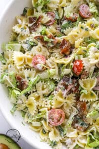 BLT Pasta Salad closeup in a serving bowl