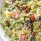 BLT Pasta Salad closeup in a serving bowl