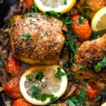 closeup of Mediterranean chicken in a skillet