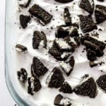 no bake Oreo cheesecake shot very closeup in a pyrex dish