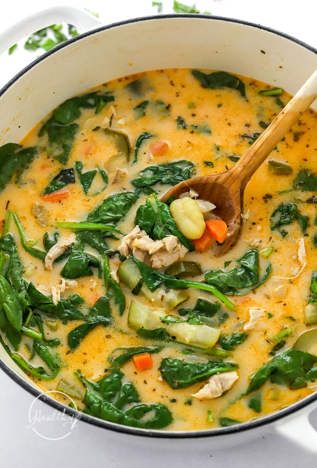 finished chicken gnocchi soup in a pot