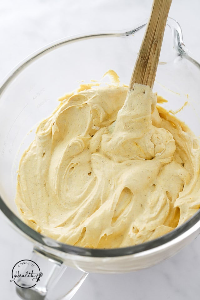 no bake pumpkin cheesecake filling in a mixing bowl