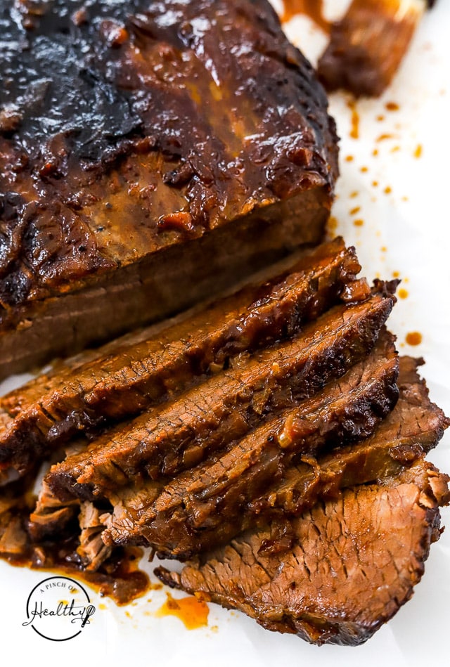 Beef Brisket sliced on a white surface