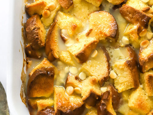 Closeup white chocolate bread pudding