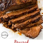 Beef brisket sliced on white surface
