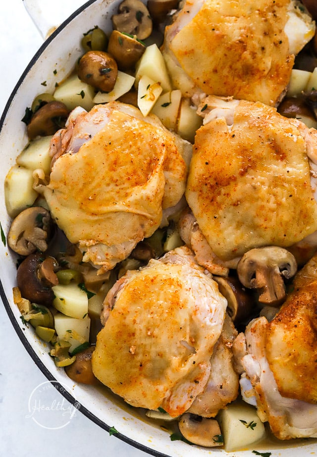 assembled braised chicken thighs before baking