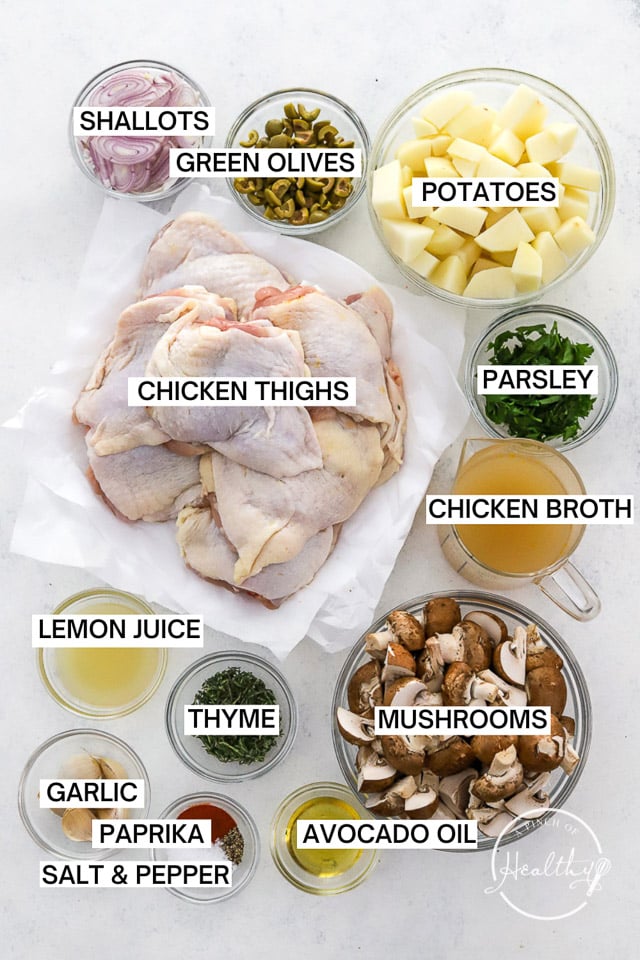 Ingredients with label text on white surface with label text