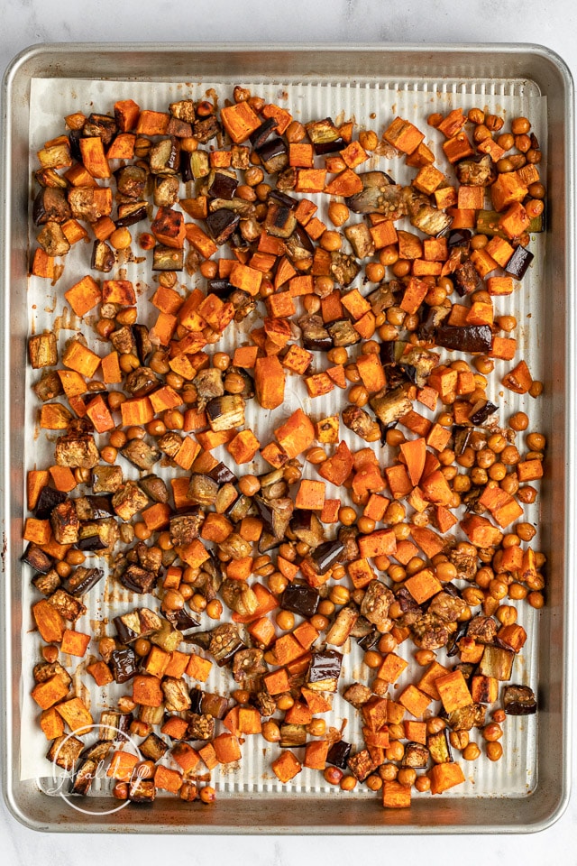 sheet tray of sweet potato, eggplant and chickpeas