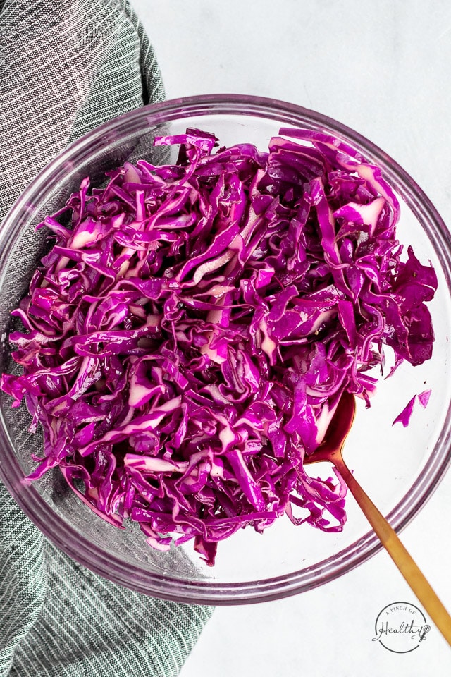 Red cabbage in a bowl to make slaw