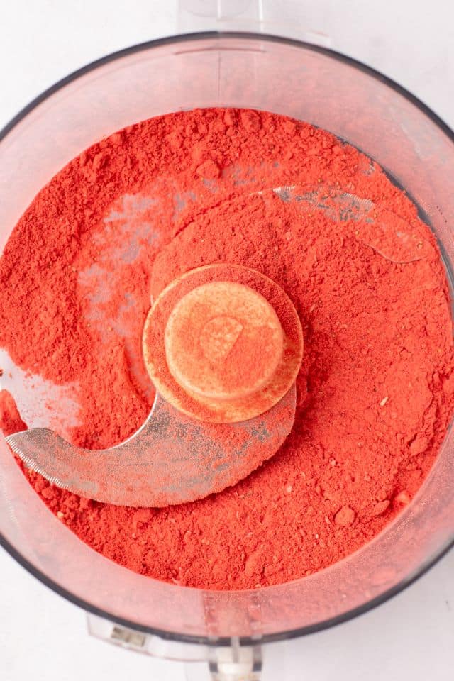 pulverized freeze-dried strawberries in a food processor