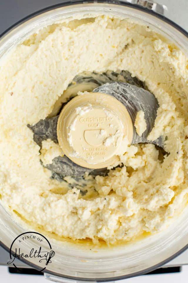 Whipped feta dip before the olive oil is mixed in.