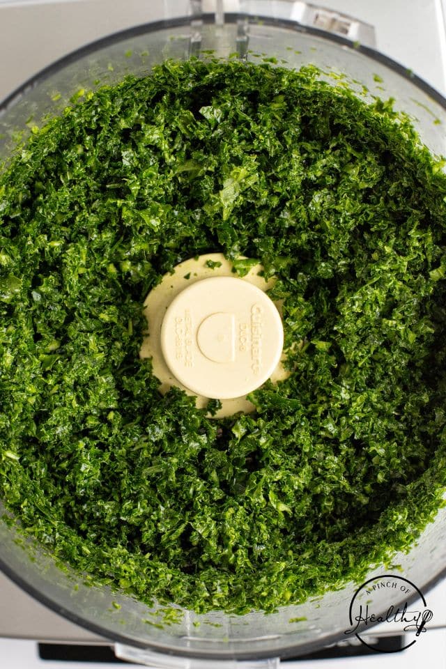 Kale after being processed briefly in the food processor.
