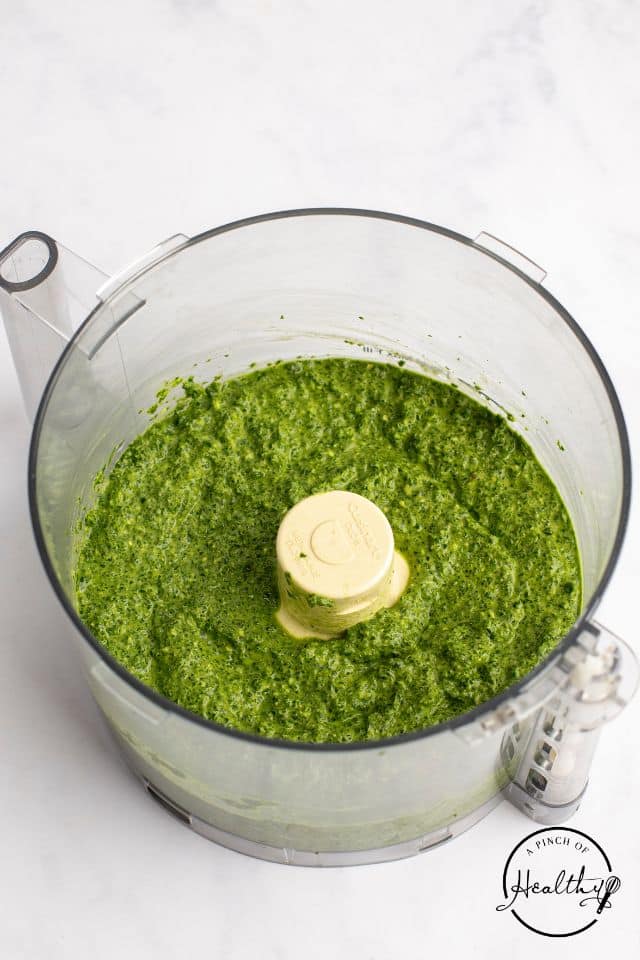 Finished pesto before being removed from the food processor.