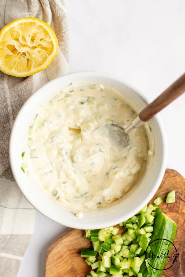 Salmon cake sauce in a bowl after being mixed together.
