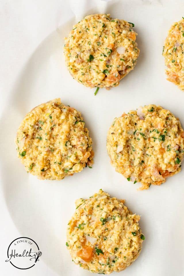 Salmon cakes after being formed into patties.