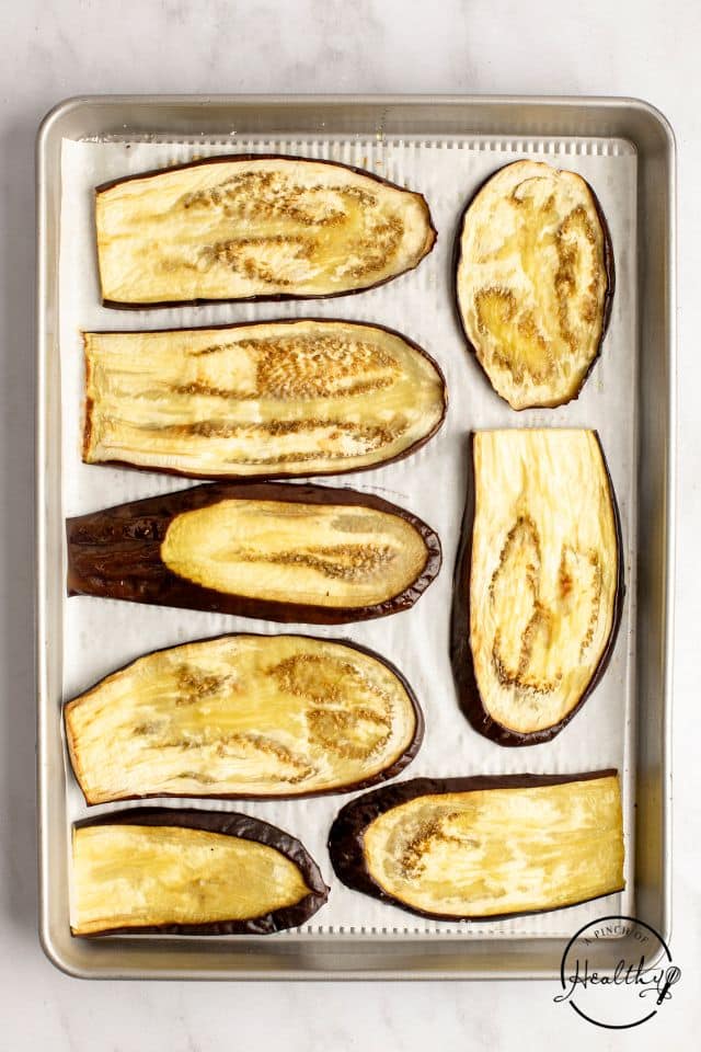 Roasted slices of eggplant after being baked. 