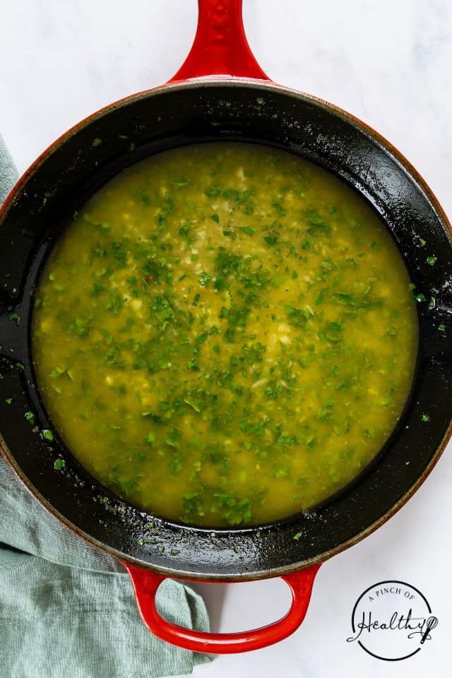 Garlic butter sauce in a skillet.