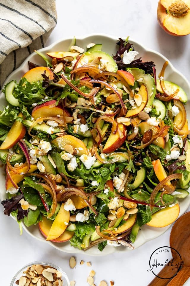 Peach salad in a large salad bowl.