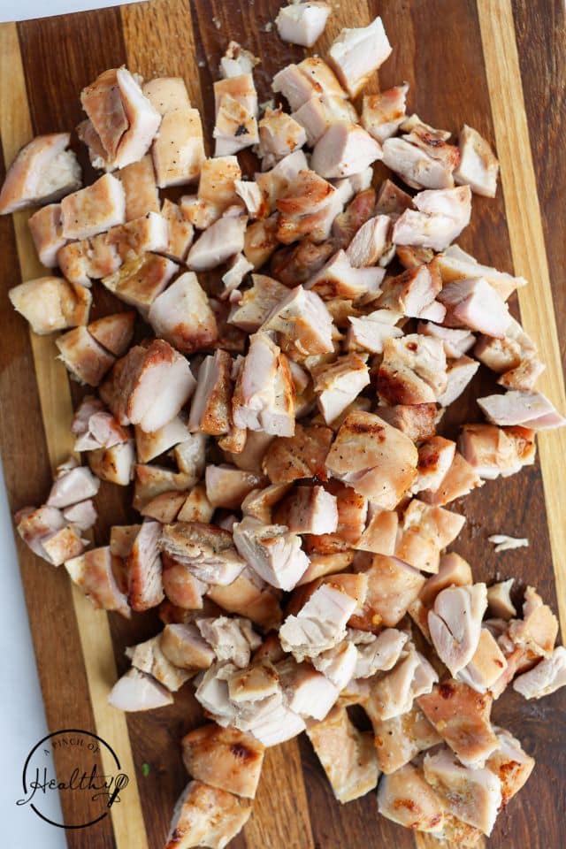Chicken for Asian chicken salad after being cooled and cubed.