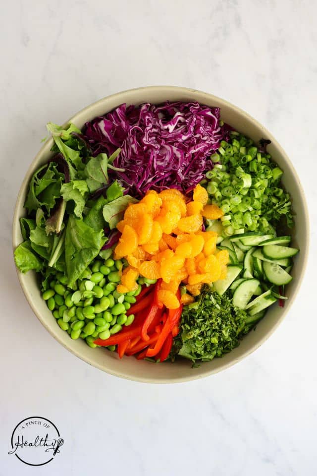Ingredients for Asian Chicken Salad in a large bowl before being mixed together.