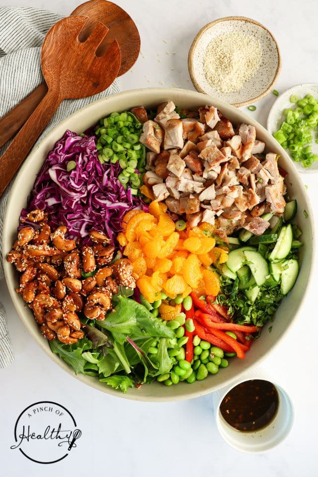 Asian Chicken Salad with cashews and chicken added.
