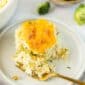 Broccoli Rice Casserole on a white plate with a gold fork.