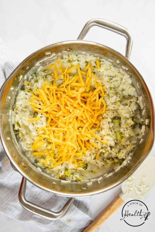 Broccoli rice casserole with cheddar cheese added.