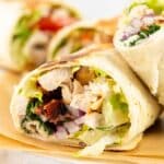 Chicken Ranch Wraps cut in half and stacked on each other.
