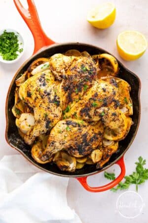 Cooked spatchcock chicken in a skillet on a white background.