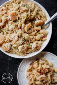 Marry Me Shrimp Pasta in a white bowl.