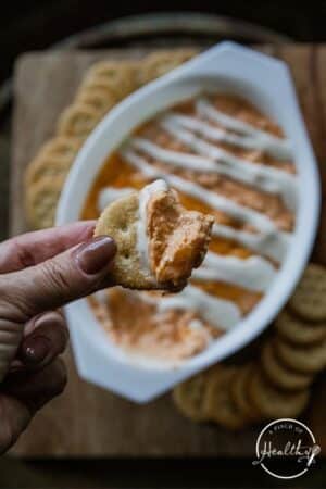 Buffalo Chicken Dip in a serving dish