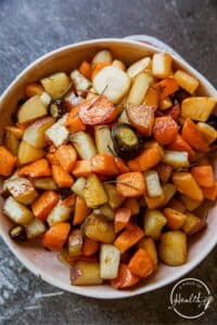 Roasted Root Vegetables in a white bowl.