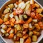 Roasted Root Vegetables in a white bowl.
