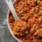 Goulash recipe in a large white serving bowl